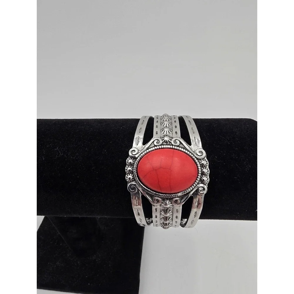 Red Dyed Howlite Stone Silver Tone Cuff Bracelet Bangle Boho